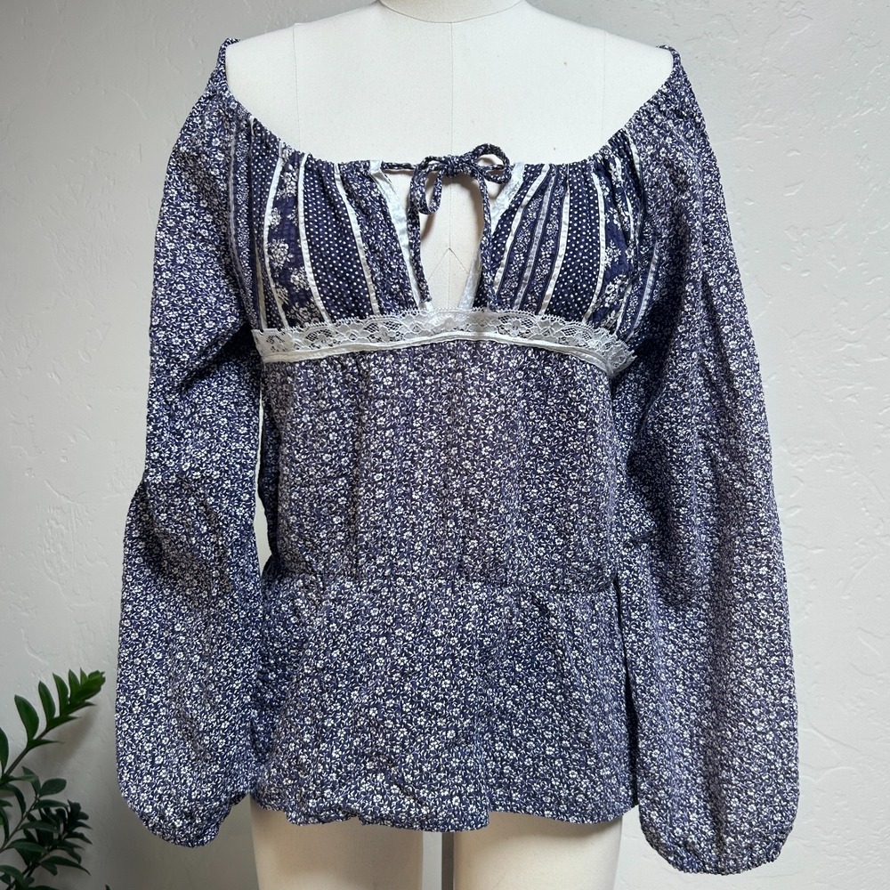 Vintage 70s 80s Prairie Peasant Blouse Romantic Floral Lace Cottagecore Boho S M - Picture 10 of 10